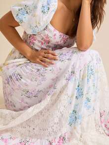 Women Floral Smocked Maxi Dress Short Puff Sleeve Square Neck Bohemian Flowy Dress Y2K Streetwear - Nhiều màu - Xem 4