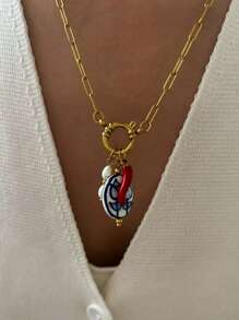 Monlansher Nuova collana con ciondolo in acciaio inossidabile per donna, design alla moda con timone e fibbia rotonda, con ciondoli in ceramica smaltata a forma di peperoncino e finta perla, collana versatile