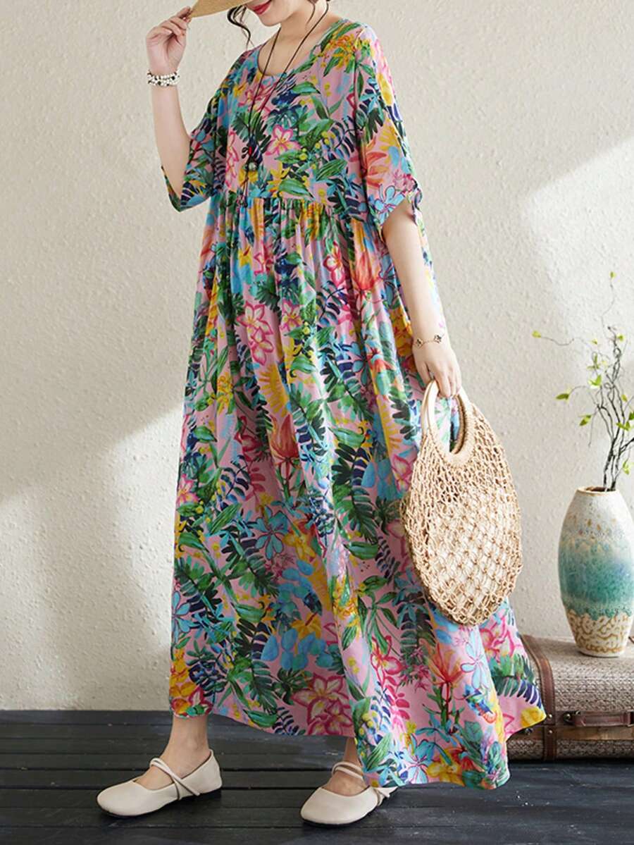 AZAH 2026新款粉色碎花连衣裙，夏季圆领宽松大码连衣裙，波西米亚休闲度假连衣裙，优雅连衣裙，睡衣内衬裙 - 粉色 - 查看 1