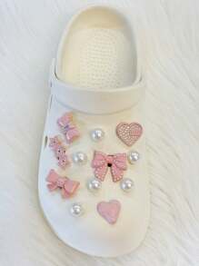 Accesorios de decoración de zapatos DIY de la serie "Original Dopamine Pink Pearl Bow" con corazón y pentagrama de diamante, perlas 3D y hebilla de zapato desmontable, 24 piezas / set, de moda recién llegado