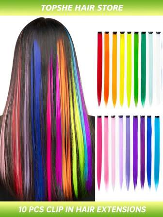 10 PCS/Pack 22 Inches Synthetic Colorful Long Straight Clip In Hair Extensions Perfect For Coachella Music Festival- Cosplay Dress Up Fashion Party Christmas New Year Gift For Women Hair Accessories