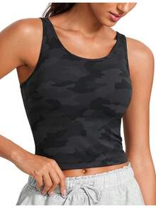 CRZ YOGA Womens Butterluxe Double Lined Workout Tank Tops Scoop Neck Racerback Cropped Casual Sleeveless Shirt - Dark Grey - View 1