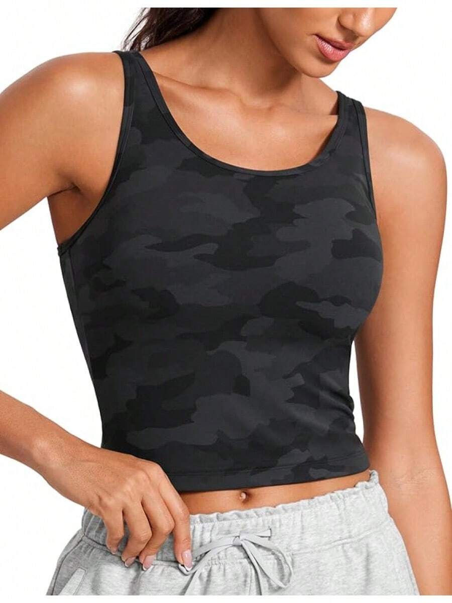 CRZ YOGA Womens Butterluxe Double Lined Workout Tank Tops Scoop Neck Racerback Cropped Casual Sleeveless Shirt - Dark Grey - View 1