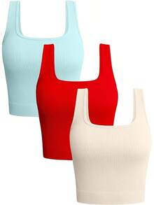 OQQ Women's 3 Piece Tank Tops Ribbed Seamless Workout Exercise Shirts 2025 Summer Basic Camis - Red,Beige,Sea Salt Blue - View 1