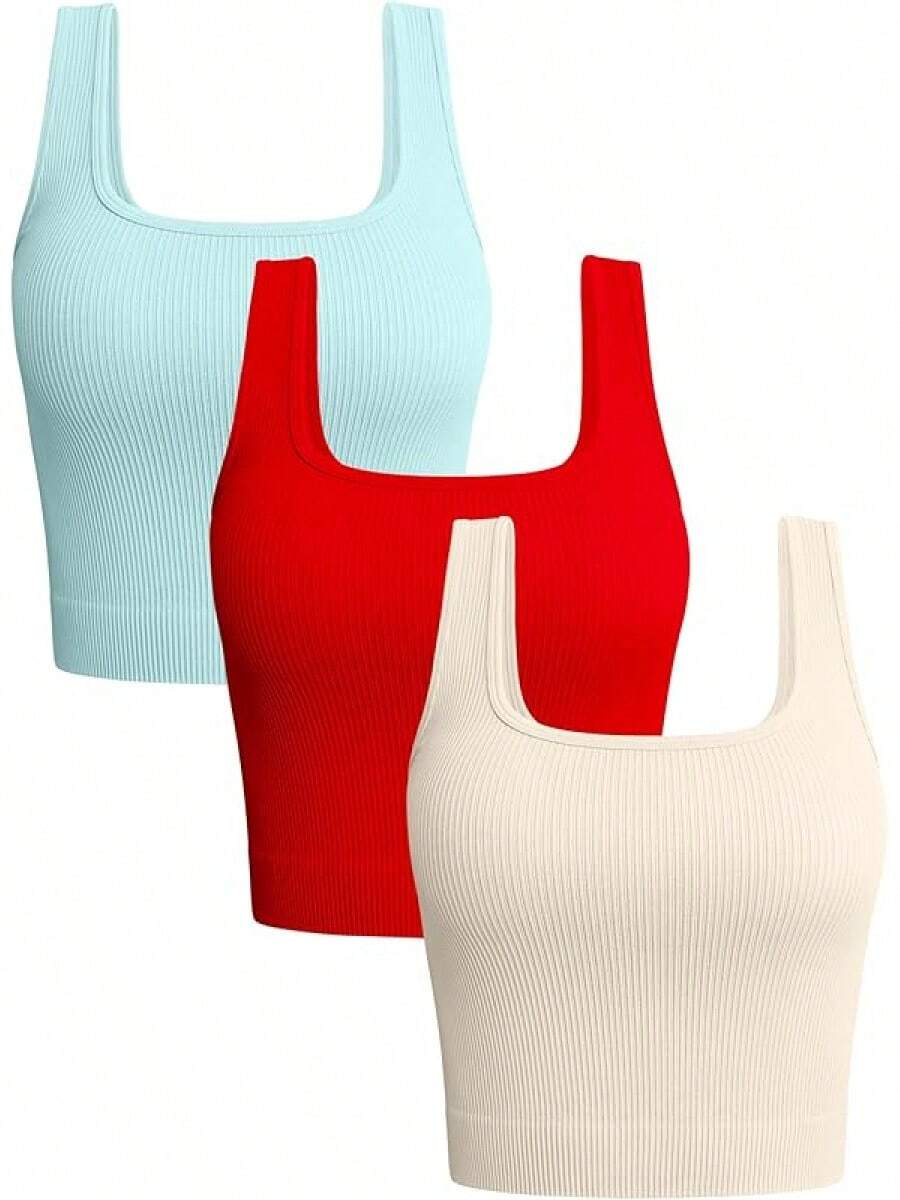 OQQ Women's 3 Piece Tank Tops Ribbed Seamless Workout Exercise Shirts 2025 Summer Basic Camis - Red,Beige,Sea Salt Blue - View 1