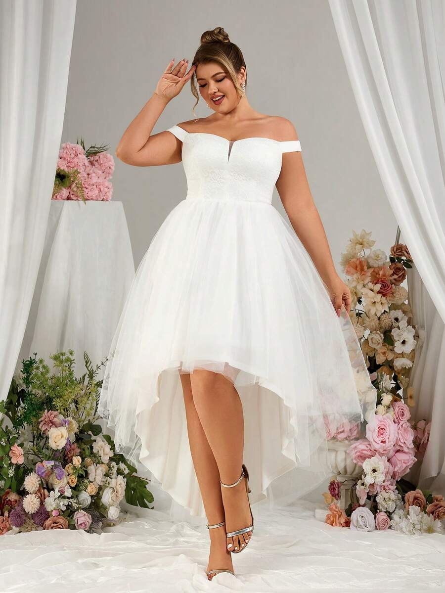 EVERLYL Everly L 加大码优雅浪漫优雅蕾丝拼接落肩缺口 V 领白色不对称下摆 A 字形婚纱、新娘礼服、新娘送礼会礼服、小白裙