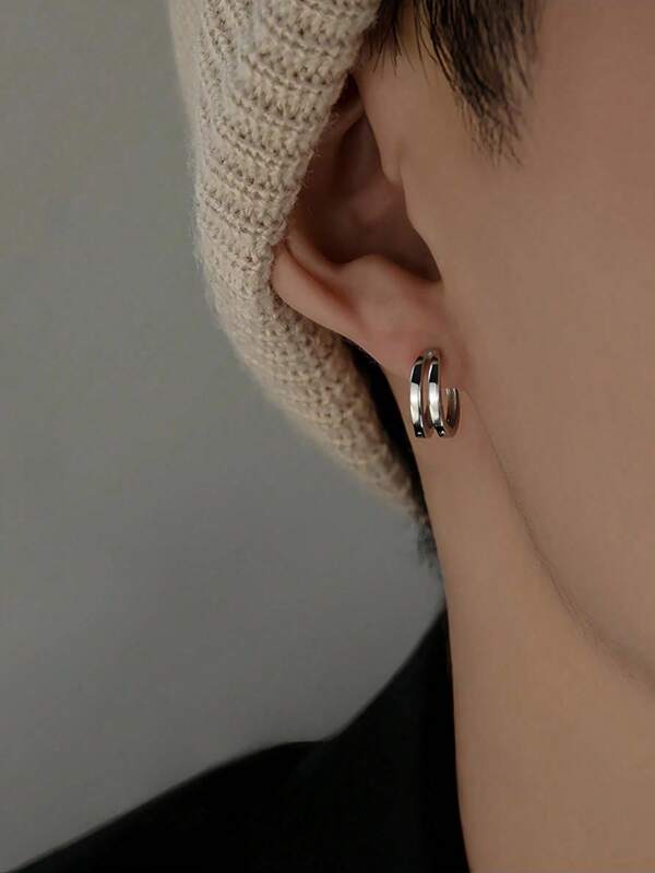 1 Pair Minimalist Double-Layer Circular Earrings, Men Plain Ring Earrings, Versatile Minimalist Style Cool Fashion Jewelry, Suitable For Daily Wear, Festivals, Parties