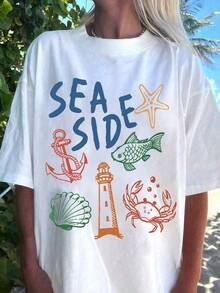 Women's Summer Casual Short Sleeves, Seaside Style Pattern Print, Women's Summer Loose T-Shirt, Suitable For All Seasons - White - View 1