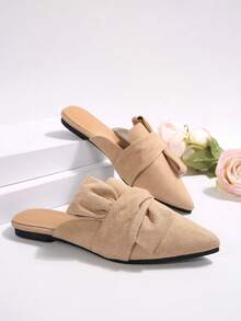 2025 Autumn Khaki Half-Covered Mule Shoes, Pointed Toe Women Backless Loafers With Bowknot Decoration, Elegant & Versatile Slip-On Flat Shoes For All Seasons - Khaki - View 6