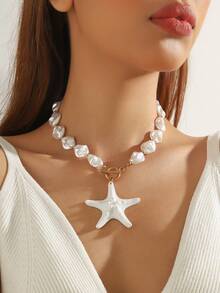 1件波西米亚风ABS塑料串珠珍珠树脂海星吊坠项链，配OT扣，可作礼物或日常佩戴 - 樹脂海星珍珠項鍊 - 查看 5