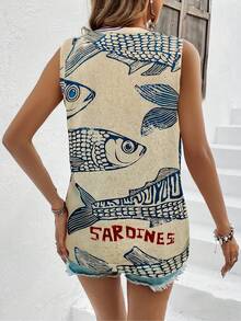 Áo tank top cổ tròn phong cách Bohemian Holiday Beach dành cho nữ, in hình cá nhiệt đới, thích hợp cho bữa sáng/bữa trưa, mùa hè. - Màu be - Xem 4