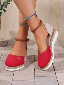 2026 Nuevos zapatos de mujer, zapatos de pescador trenzados con cuerda, sandalias de cuña huecas con hebilla de correa abierta de primavera/verano - Rojo - Ver 5