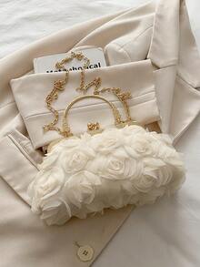 2025 Spring/Summer White Romantic Wedding Season 1pc White Pearl Net Flower Clasp Handbag, Elegant Women's Luxury Formal Dress Evening Bag, Bridal Wedding Party Clutch, 3D Floral Design Shell Clip Bag, Spring New Gift For Girlfriend, Wife, Bridesmaids