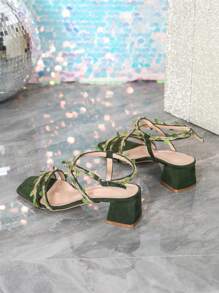 Sandalias de tacón alto con tira trenzada y punta cuadrada hueca para mujer, elegantes y versátiles, zapatos romanos de tacón grueso