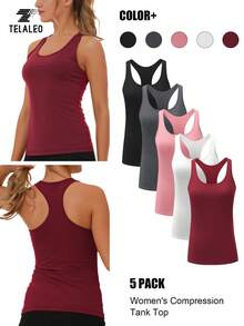 TELALEO 5 Packs Women's  Round Neck Sporty Top, Workout Red Tank Tops,Mid-Stretch Solid Color Racer Back Women Tank Top Compression Shirt - Multicolor - View 2