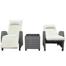 3 Pieces Outdoor Rattan Two-Person Lounge Chair With Coffee Table, Adjustable Recliner Patio Furniture Set , Suitable For Lawn Courtyard, Swimming Pool, Balcony - 白色 - 查看 4