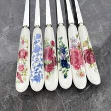 6pcs/Set Elegant Floral Stainless Steel Forks With Ceramic Handles - Dessert Forks, Fruit Forks, Suitable For Home, Restaurant And Kitchen, Mirror Polished Long-Lasting,School Supplies