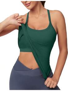 Workout Tops Women With Built In Bra, Sleeveless Gym Tops Seamless Racerback Athletic Yoga Shirts, Activewear - 蔚藍綠色 - 查看 1