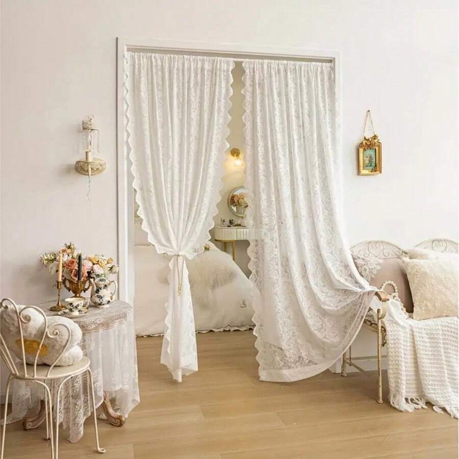 Französische Retro-Atmosphäre Spitze Gaze ohne Bohren Stange Installation Schlafzimmer Wohnzimmer Fensterfront Raumteiler Vorhang, Landschaft Gaze Vorhang, zwei Packungen - Weiss - Übersicht 1