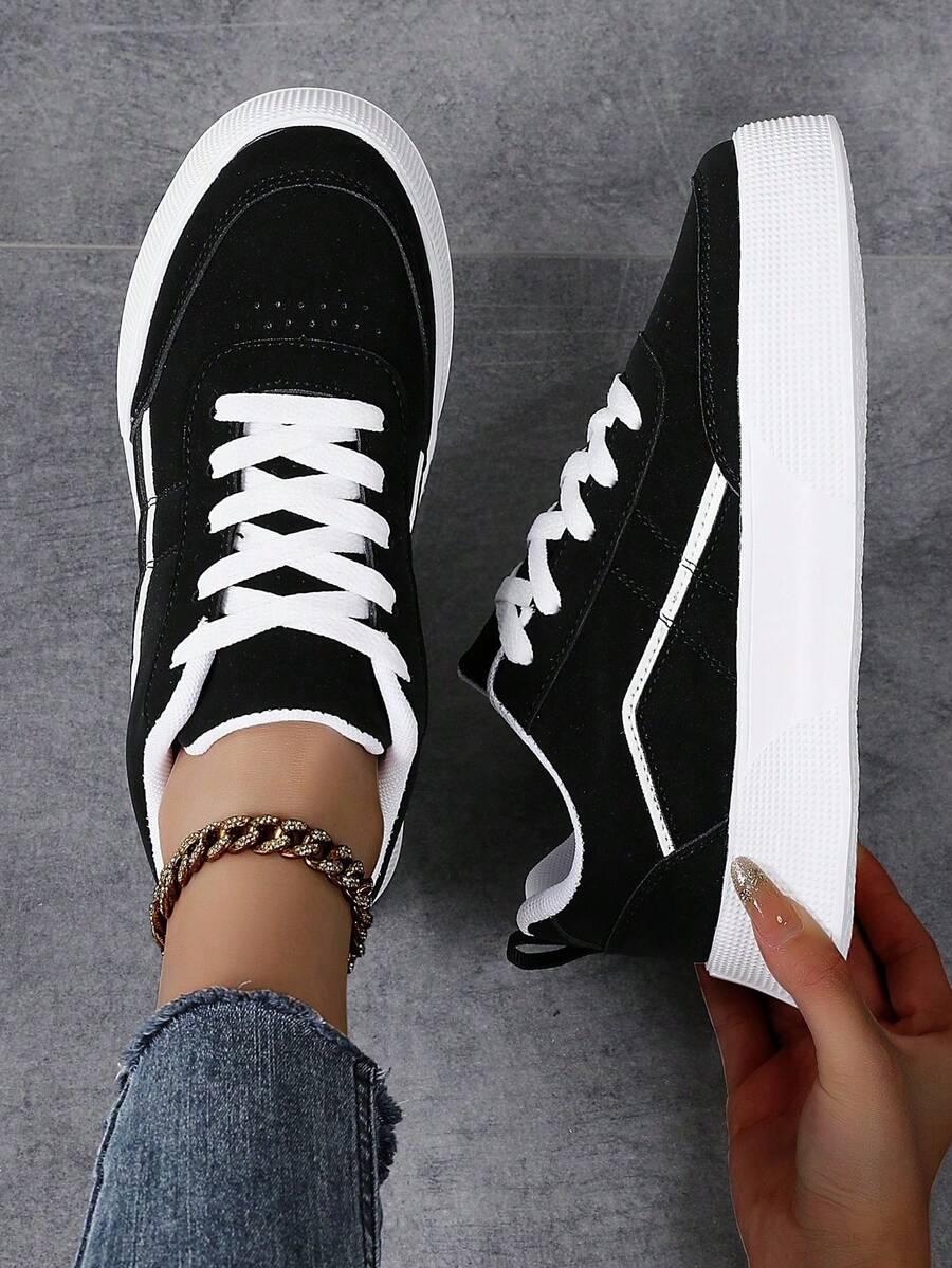 Women's Low-Top Sneakers, Casual Shoes, Athletic Shoes, Student Shoes, Fashionable Contrast Color Lace-Up Design, Ultra-Light EVA Sole, Breathable & Soft, Suitable For All Seasons, Autumn/Winter