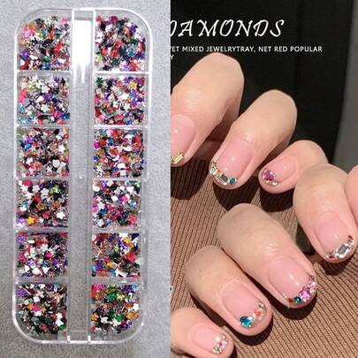 1 Hộp Phụ Kiện Trang Trí Móng Tay Đính Đá Rhinestone Mini Mặt Phẳng, 12 Lưới/Hộp 14 Màu Y2K 3D Nơ, Ngôi Sao, Bướm, Trái Tim Hỗn Hợp Hình Dạng Bất Đối Xứng Đá Quý Đính Đá Rhinestone Mini, Vật Dụng Trang Trí Móng Tay & Chân Lấp Lánh Tự Làm Đá Quý Trang Trí Móng Tay