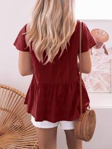 Womens Short Sleeve V Neck Button Down Babydoll Peplum Blouse Loose Casual Top - Đỏ - Xem 2
