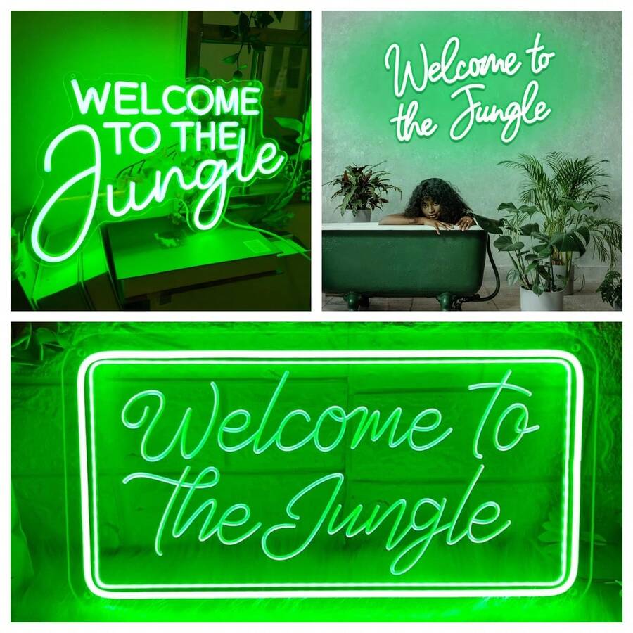 Bienvenue dans la jungle Enseignes au néon LED Lumières néon vertes pour la décoration murale Enseigne lumineuse USB pour jardin, maison, porche, magasin, Noël, salon, bar, Décoration, Grande enseigne au néon LED - Bienvenue dans la jungle - Voir 1
