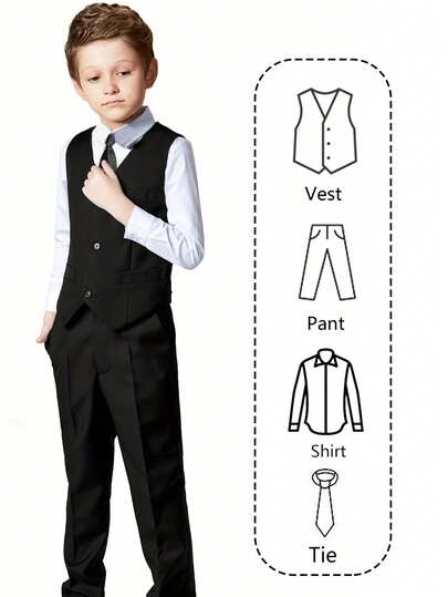 男童西装四件套幼儿燕尾服礼服结婚礼服背心裤子衬衫领带儿童正式西装黑色尺码6-16岁