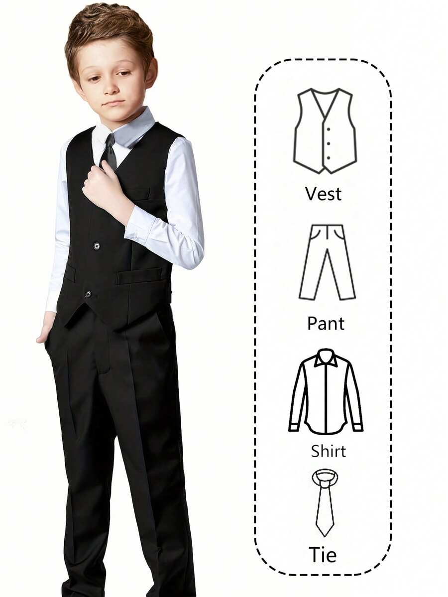 男童西装四件套幼儿燕尾服礼服结婚礼服背心裤子衬衫领带儿童正式西装黑色尺码6-16岁 - 黑色 - 查看 1