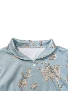 女式复古花卉刺绣印花休闲七分袖衬衫 - 仿刺绣印花 - 彩色 - 查看 4