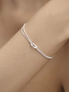 BALMORA 1 Pc Minimalist 925 Sterling Silver Double Layered Knotted Snake Bone Bracelet Elegant Hand Chain Jewelry Decoration Niche Design For Girl/Women/Girlfriend/Mother Retro Party Dating Gift Daily Wear Birthday Gift - Silver - View 4