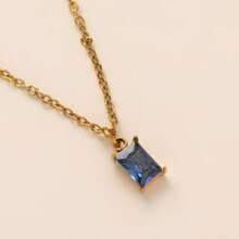 CIREY 18K Gold Plated Rectangle Birthstone Pendant Necklace With Colorful Cubic Zirconia For Women, Titanium Steel