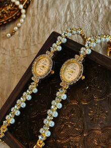 1pc New Luxury Pearl & Rhinestone Inlaid Elegant Retro Fashion Women's Watch, Oval Mother-Of-Pearl Dial , Suitable For Daily Wear, Parties, Vacation & Outings - Một cỡ - Xem 4