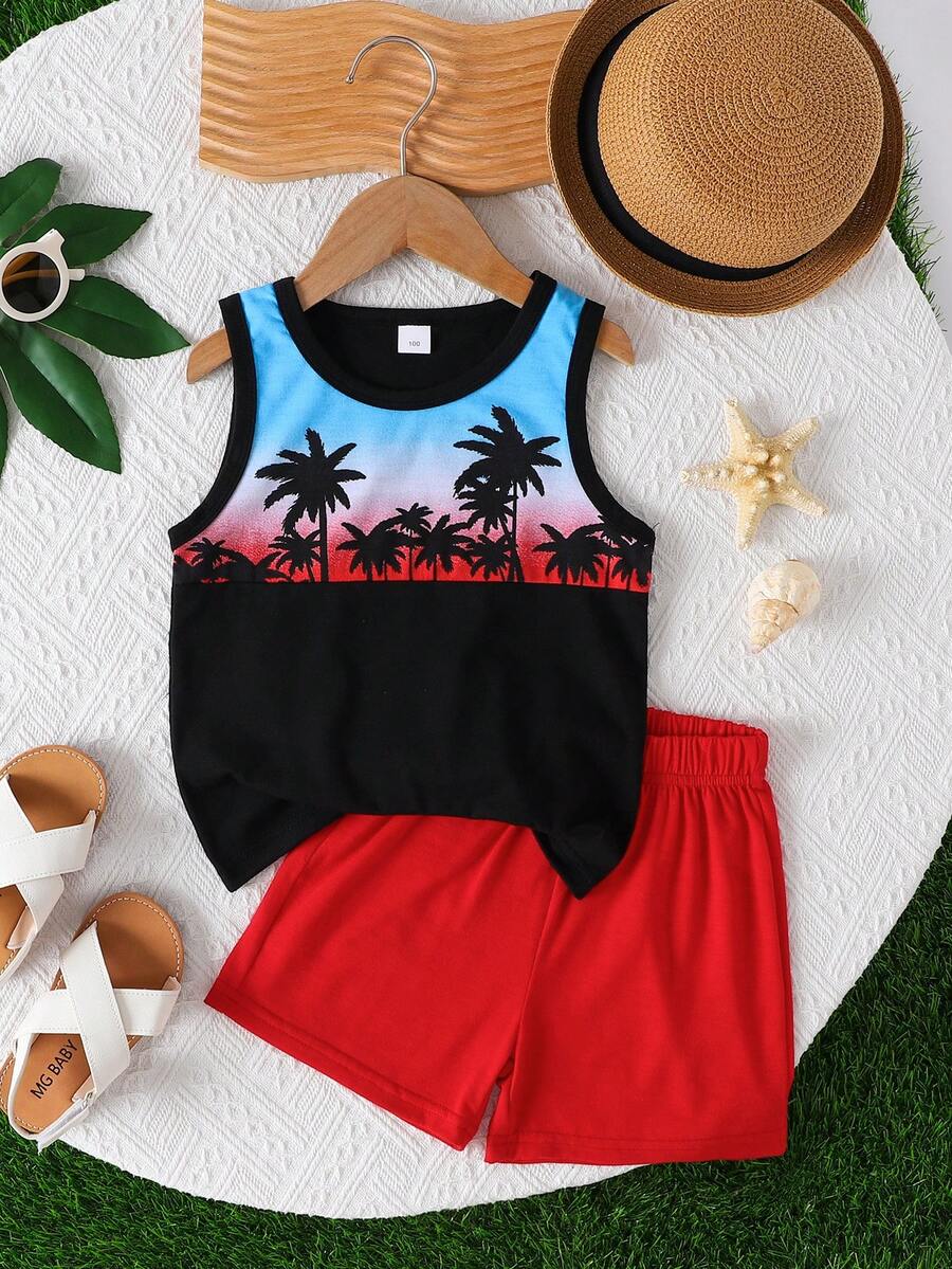 两件套夏季棕榈树印花圆领上衣和短裤套装，适合年轻男孩休闲、上学、运动穿着。