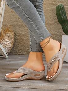 Women's Summer New Metal Decoration Beach Flip Flops, Platform Wedge Heel Comfortable Thong Sandals, Vintage Beach Creative Toepost Casual Open Toe Slippers, Fashion Transparent - Grey - View 5