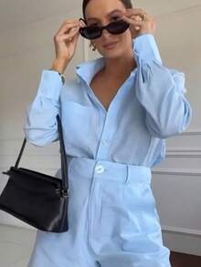 2025 New Women's Fashionable And Elegant Two-Piece Set, Long Sleeved Collared Shirt And High Waisted Spicy Shorts - Màu xanh lam - Xem 3