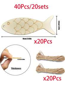 40PCS/20sets DIY Wooden Fish Cutouts Unfinished Wood Ornament Blanks Fish Shaped Wooden Things To Paint, Wood Hanging Ornaments With Hemp Rope Crafting Supplies Home Party Decoration,Open Design, Easy To Hang,Halloween Decorations, Halloween Party Supplies, Christmas Decorations, Christmas Party Supplies