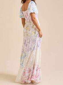 Women Floral Smocked Maxi Dress Short Puff Sleeve Square Neck Bohemian Flowy Dress Y2K Streetwear - Nhiều màu - Xem 2