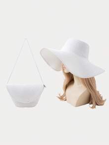 2pcs Set: Women Bohemian Solid Color Straw Hat + Straw Flip Cover Bag, Suitable For Spring Seaside, Beach, Daily Outing, Fashion Outfit Valentines Gift - A - View 8