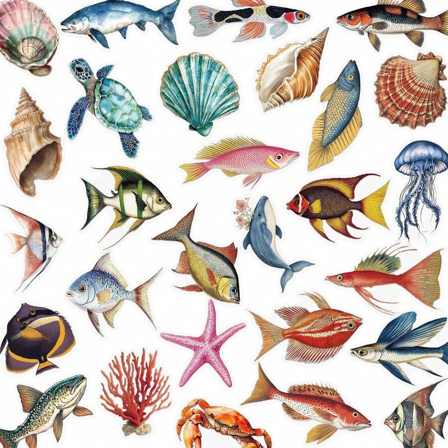 50Pcs Transparent Stickers Sea Animals Stickers Aesthetic Stickers Colored Stickers Fish Stickers Vinyl Stickers Stickers For Water Bottle, Hydroflask, Guitar, Luggage, Phone, Case, Laptop, Skateboard, Gift - Multicolor - View 1