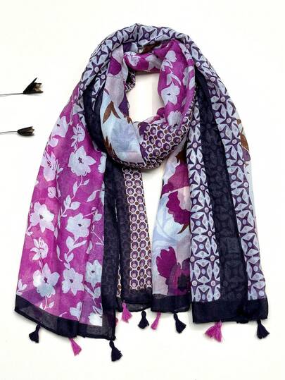 1pc Breathable Tassel Shawl, Elegant Scarf Fashion Bohemian Lady Silk Scarf, Bright Color Large Scarf For Spring/Summer Outdoor Sun Protection Beach Wrap Versatile Headscarf