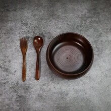 1 Wooden Bowl + 1 Spoon + 1 Fork Jujube Wood Handmade Round Wooden Bowl, Japanese Style Insulated Salad Bowl Set For Restaurant