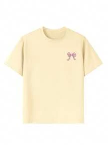 Back To School Season One-Piece Girl's Casual Printed Round Neck Pullover Short-Sleeved T-Shirt For Summer Students And Young Children,School Clothes For Teens - Fashionable Cartoon Bows For School, School Bags, Books, Pencils, School Buses, Simple Style T-Shirts To Inspire Imagination And Self-Expression
