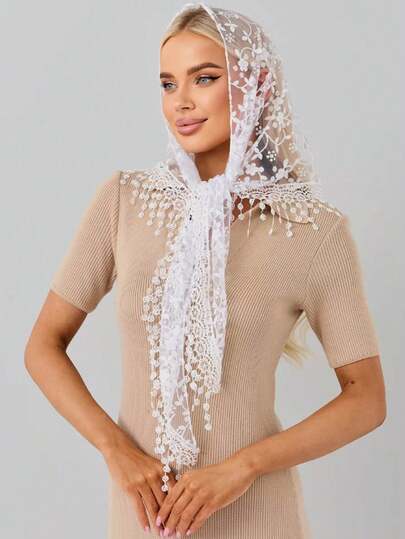 1pc Women's Ditsy Floral Lace Edged Neckerchief, Suitable For Weddings, Parties, Dining Out In Spring/Summer,With Tassels,Veil For Wedding Fall Clothes For Women Valentine's Day Accessories