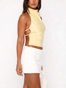 Women's Satin Backless Halter Tops Y2K Solid Color Sleeveless Open Back Slim Fit Crop Tank Tops Summer Going Out Tops Croppped Vests Shirts Party Club Streetwear - 黃色 - 查看 5