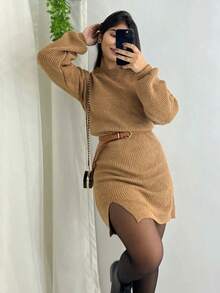 Knitted Midi Dress In Mousse Yarn With Slit Long Sleeves Winter - Rust Brown - View 2