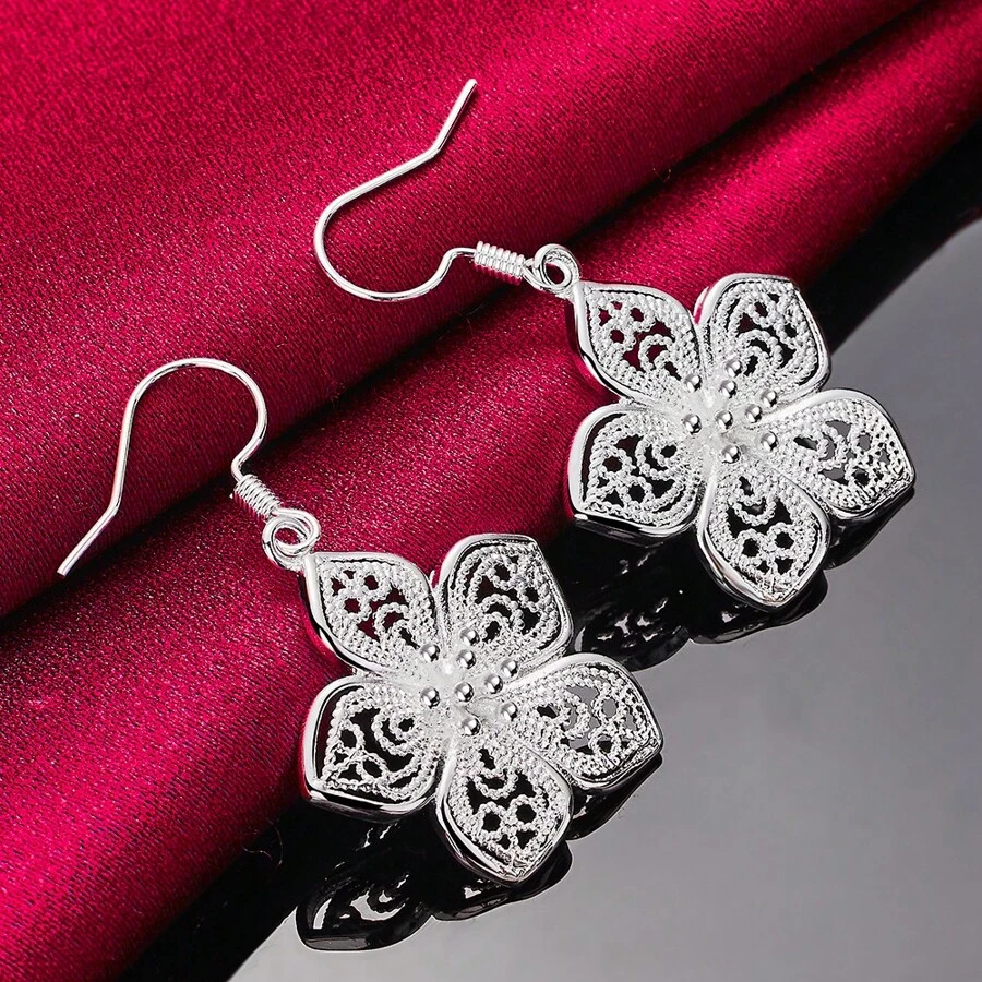 Charm Silver Flower Star Drop Earrings For Woman Wedding Engagement Jewelry - Silver - View 1