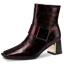 TDD Patent Leather Chelsea Boots For Women Square Toe Ankle Wide Calf Booties Botas Para Mujer Leather Chunky Block Dress Warm Lined Cowboy Cowgirl Ladies 2.5 Inch High Heels