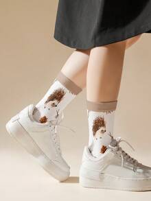 1 Pair Hedgehog & Pine Cone Pattern Socks - Warm Hedgehog & Pine Cone Design Embracing Nature, 360 Digital Printing Mid-Calf Socks, Autumn/Winter - Multicolor - View 3