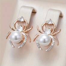 1 par de exquisitos pendientes dorados de araña con circonita cúbica blanca y perla falsa, un regalo de joyería para mujeres y niñas, regalo de cumpleaños